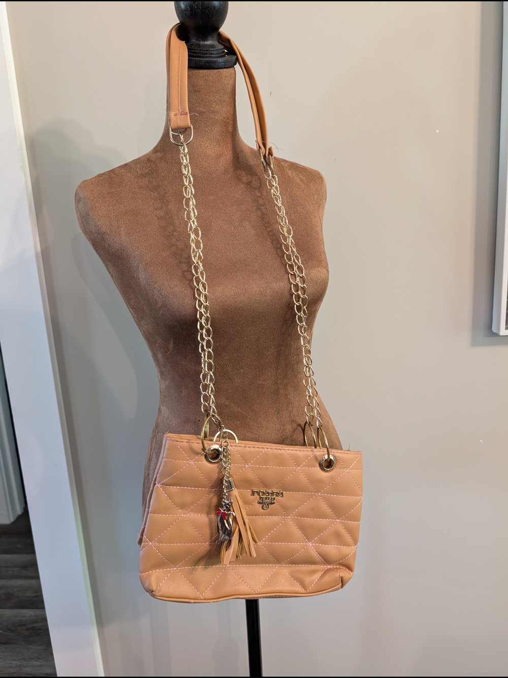 Quilted Tan Chain-Handle Shoulder Bag
